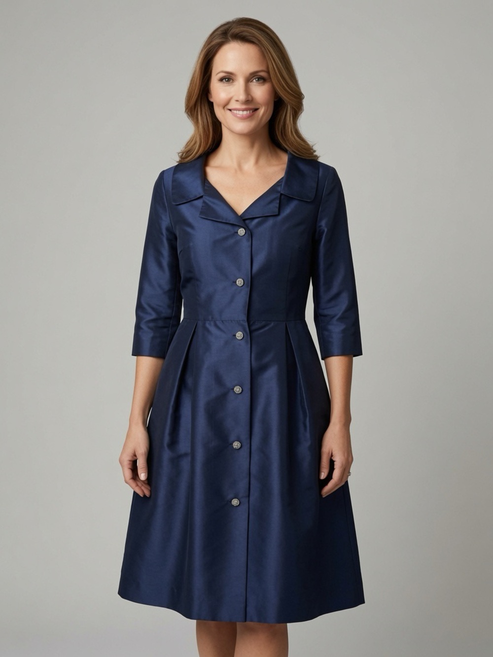 Teri Jon by Rickie Freeman silk navy Taffeta collared shirt dress MOB evening